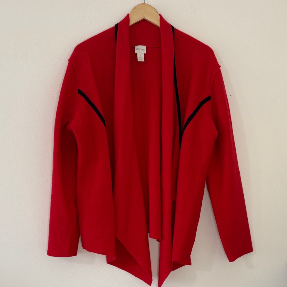 Chico’s Red 100% Wool Waterfall Blazer Black Trim Statement Jacket Workwear 3 XL